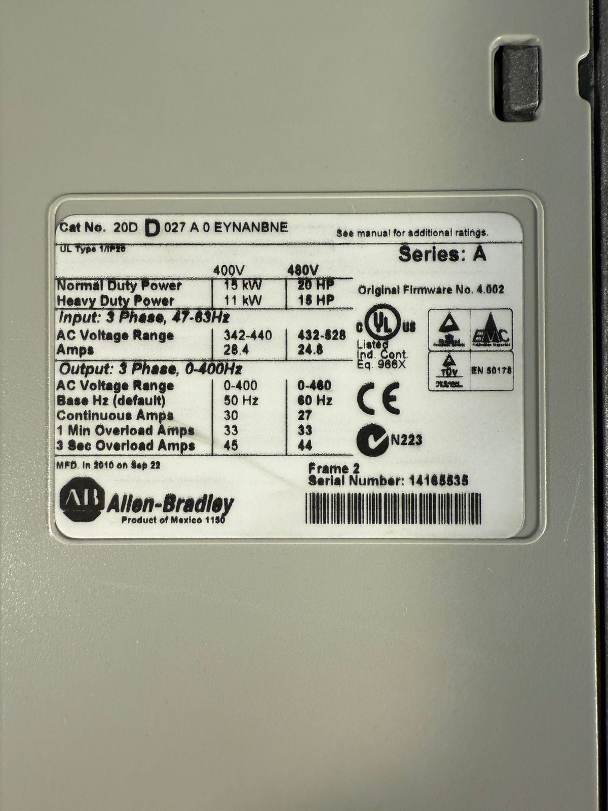 Allen Bradley 20D-D-027-A-0-EYNANBNE /A 3Ph   PowerFlex 700S      (11.6.5)