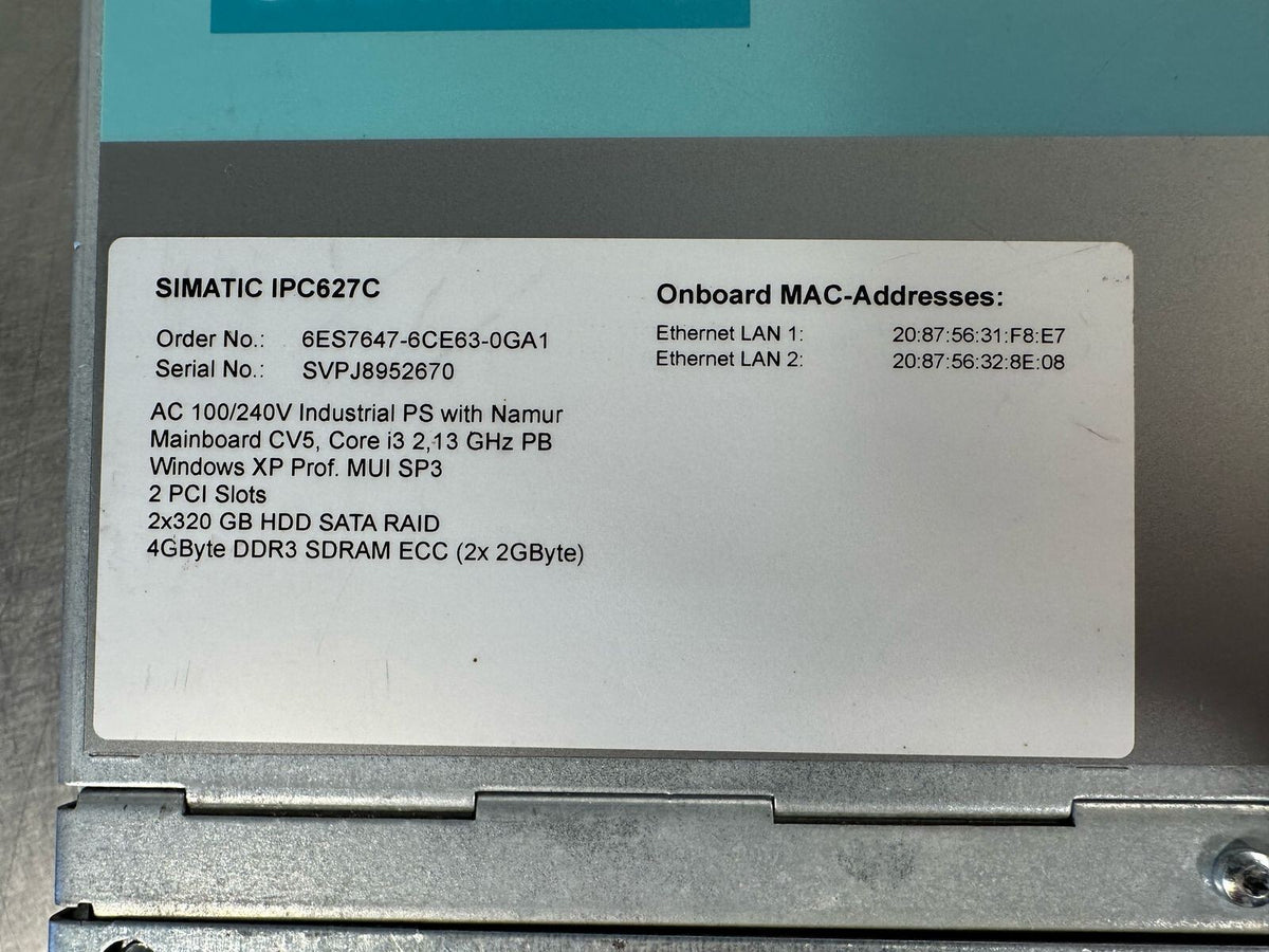  Siemens 6ES7647-6CE63-0GA1 SIMATIC IPC627C (Box PC), (8.4.8)