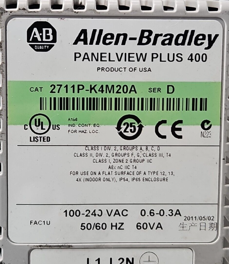 Allen Bradley 2711P-K4M20A Ser D Panel View 100-240VAC 50/60Hz (BIN2.5.4)