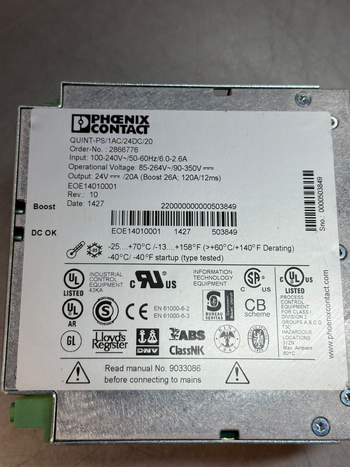 Phoenix Contact 2866776 Quint-PS/1AC/24DC/20 Power Supply Unit (1.5.1)