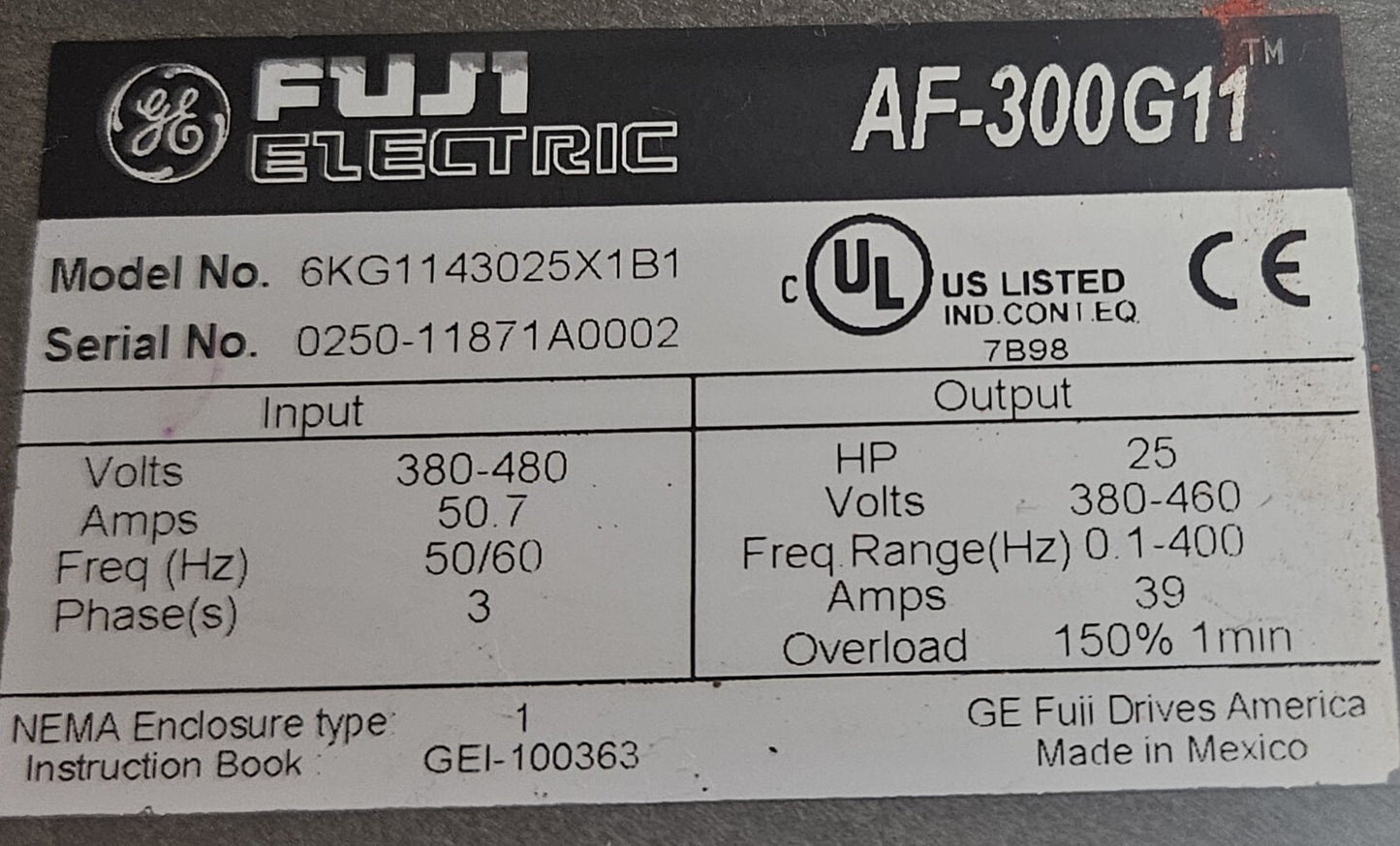 GE Fuji 6KG1143025X1B1 AF-300G11 Variable Frequency Drive 25HP          (BIN755)