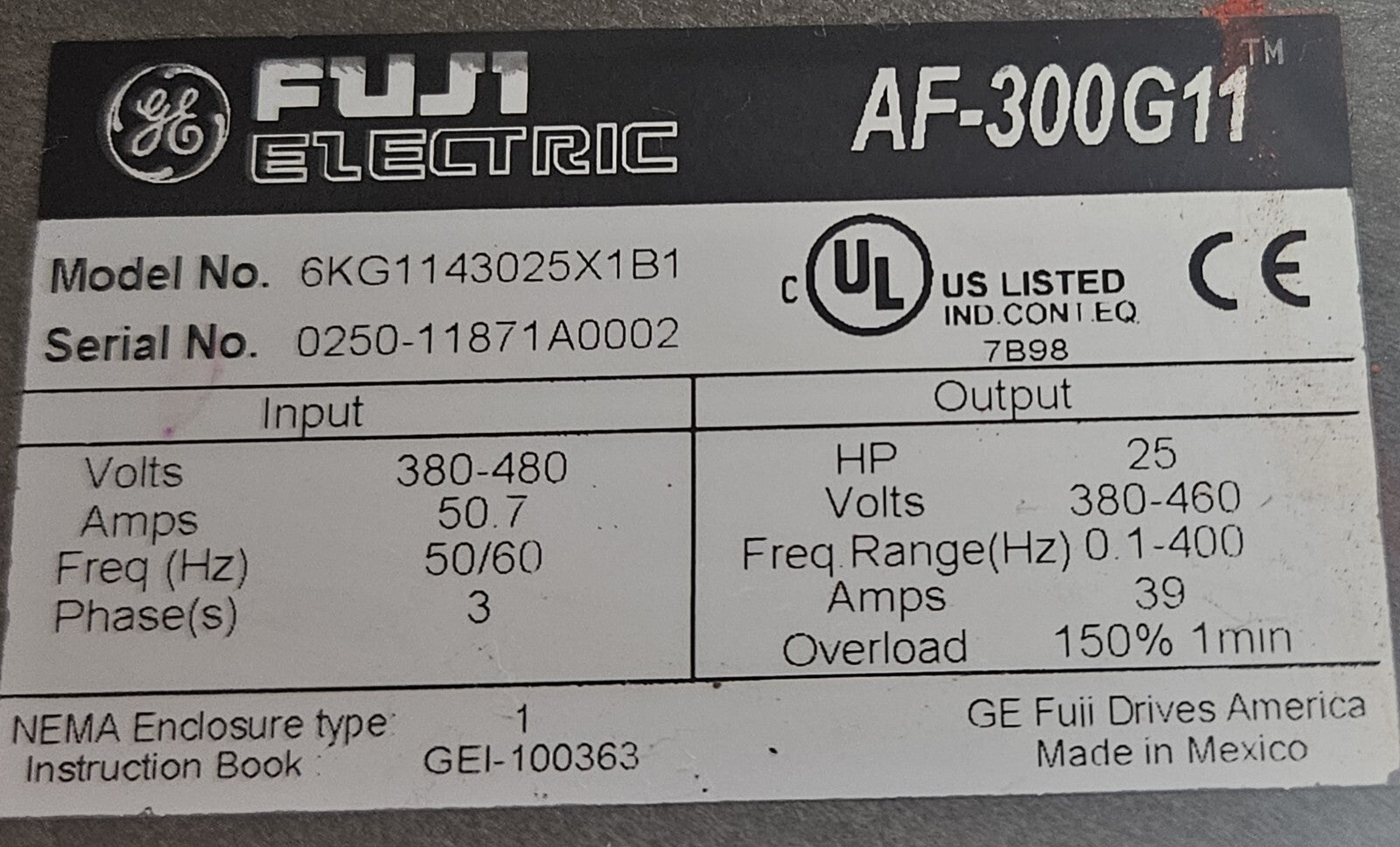GE Fuji 6KG1143025X1B1 AF-300G11 Variable Frequency Drive 25HP          (BIN755)