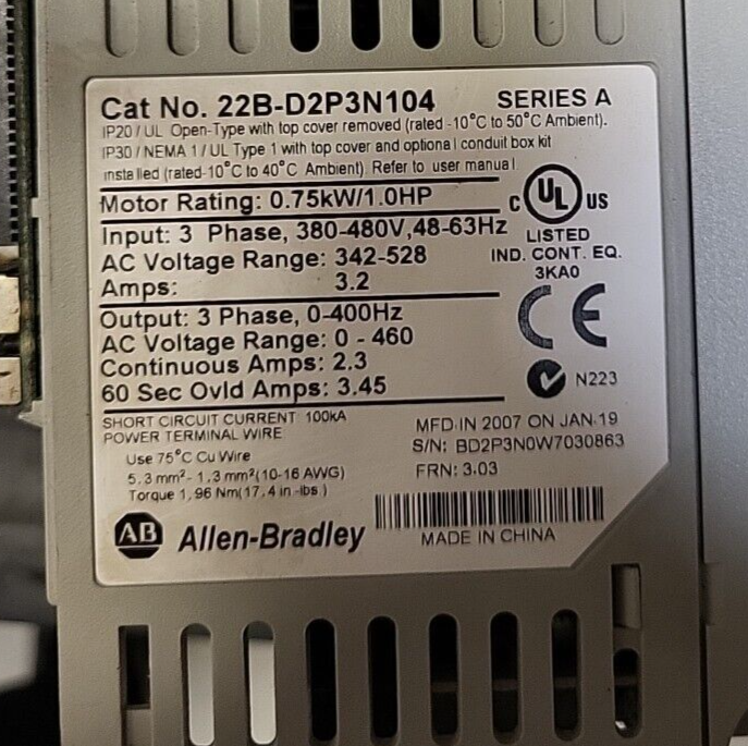 Allen Bradley 22B-D2P3N104  SERIES A PowerFlex 40 AC Drive     (BIN 4 .5. 5)