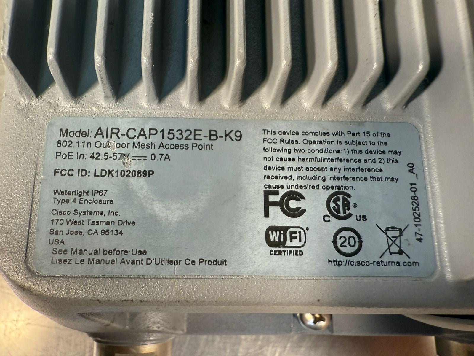 Cisco AIR-CAP1532E-B-K9 PoE In: 42.5-57V – 0.7A (5.6.3)