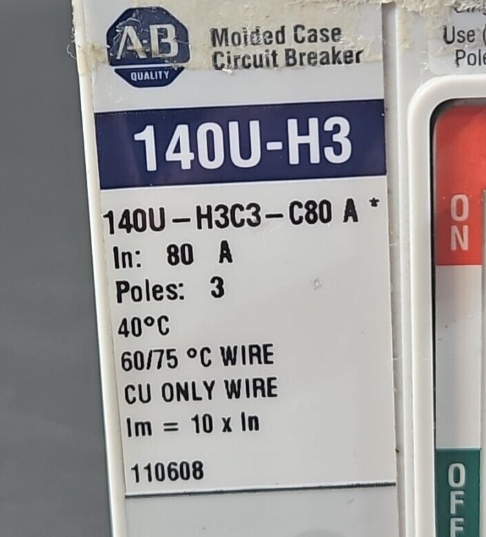 Allen Bradley 140U-H3C3-C80 Circuit Breaker 80A 3 Pole 3Ph 600V         (BIN645)