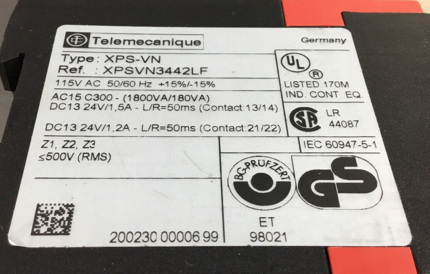 Telemecanique Type: XPS-VN. XPSVN3442LF Safety Relay Zero Speed Detection  4E-24