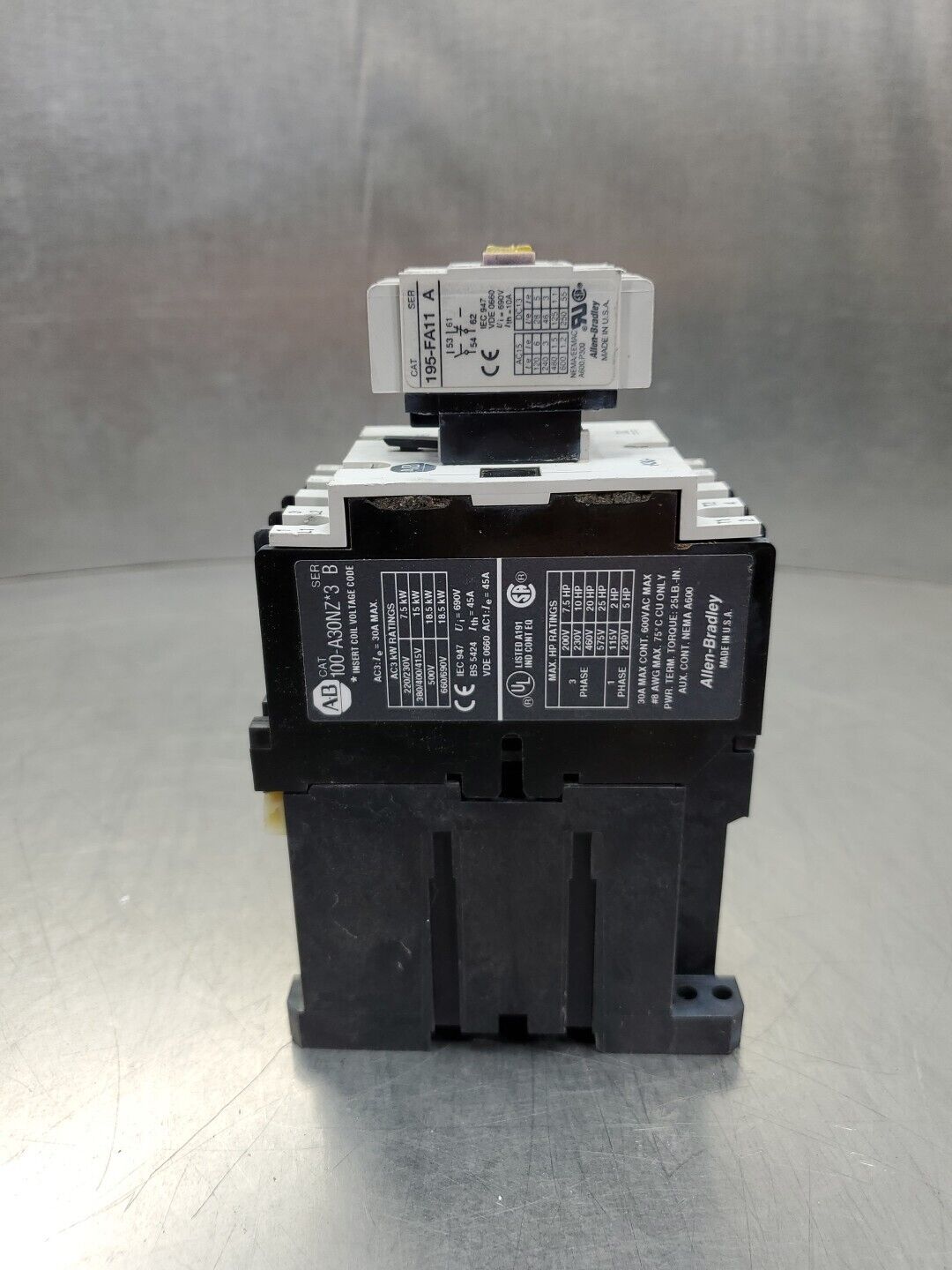 ALLEN BRADLEY 100-A30NZ*3  SERIES B  CONTACTOR w/195-FA11 Module.           4-D8