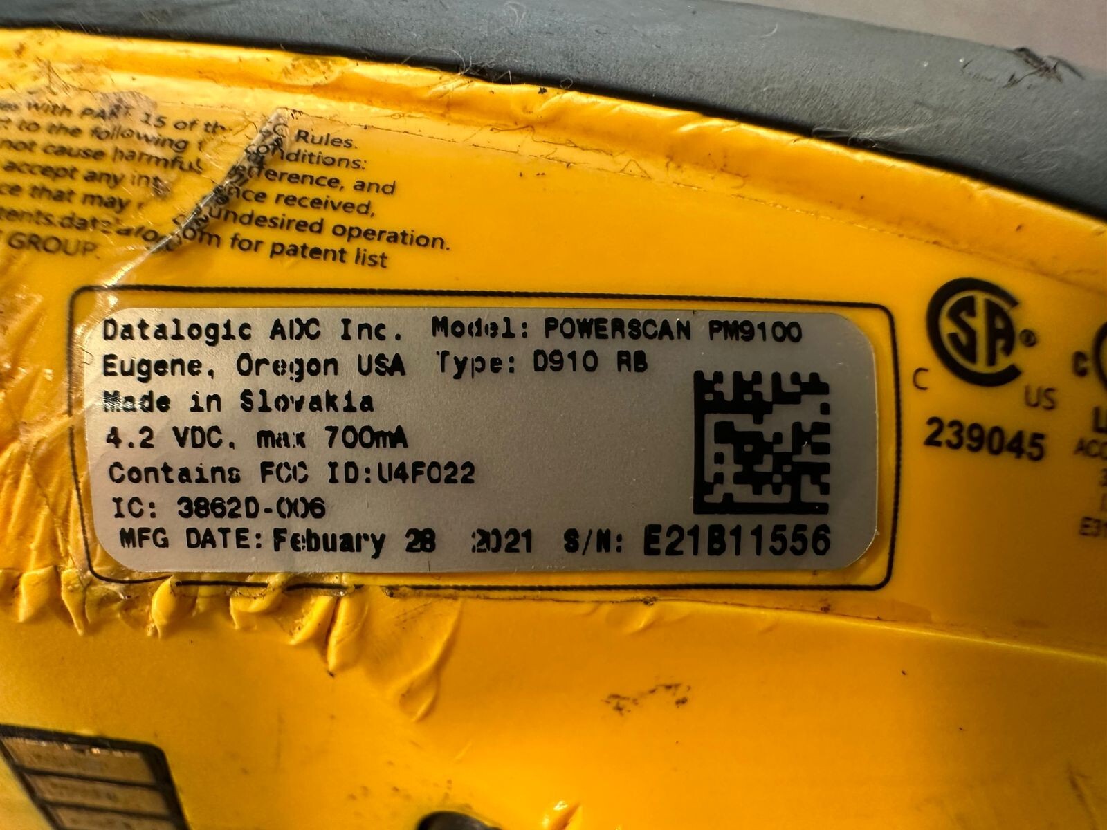 Datalogic PowerScan PM9100 Industrial Laser 4.2Vdc  700mA          (6.4.5)