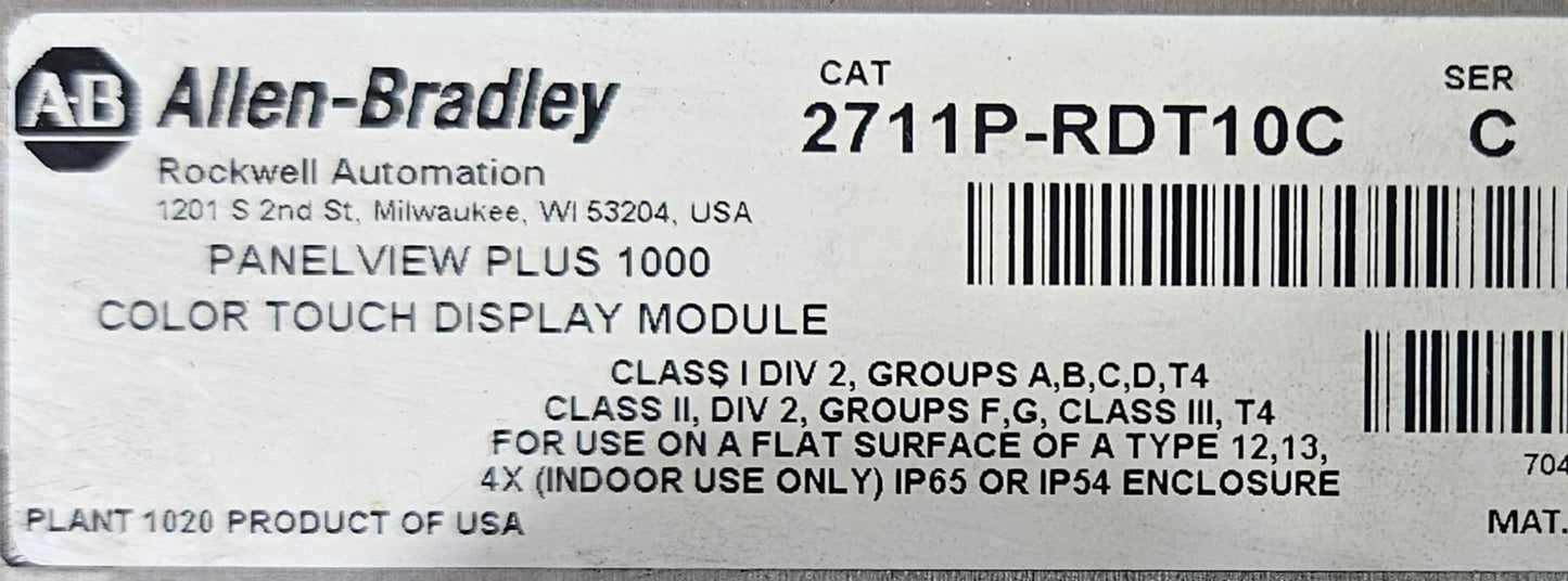 Allen Bradley 2711P-RDT10C /C PanelView Plus 1000 Touch Panel           (BIN744)