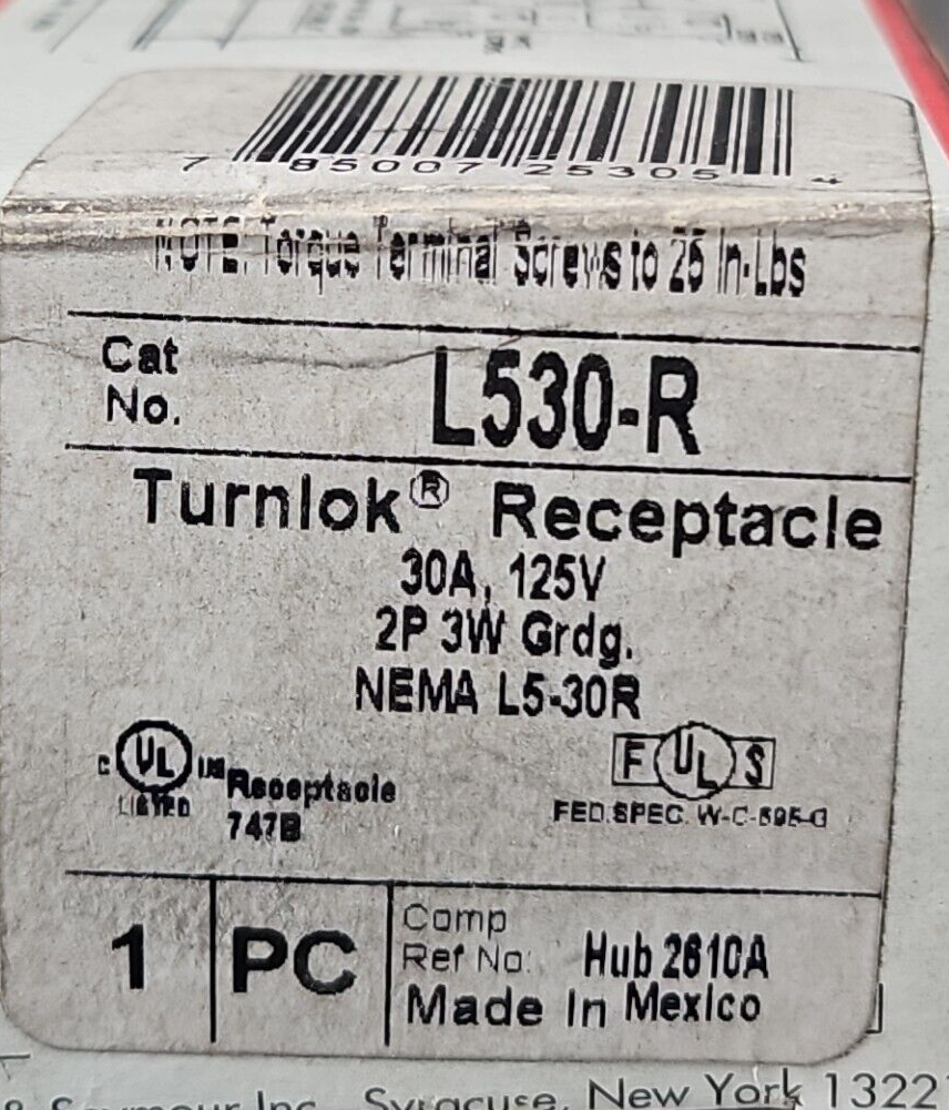 Pass & Seymour L530-R Turnlok Receptacle 30 Amp 125V 2P 3W               loc4C17