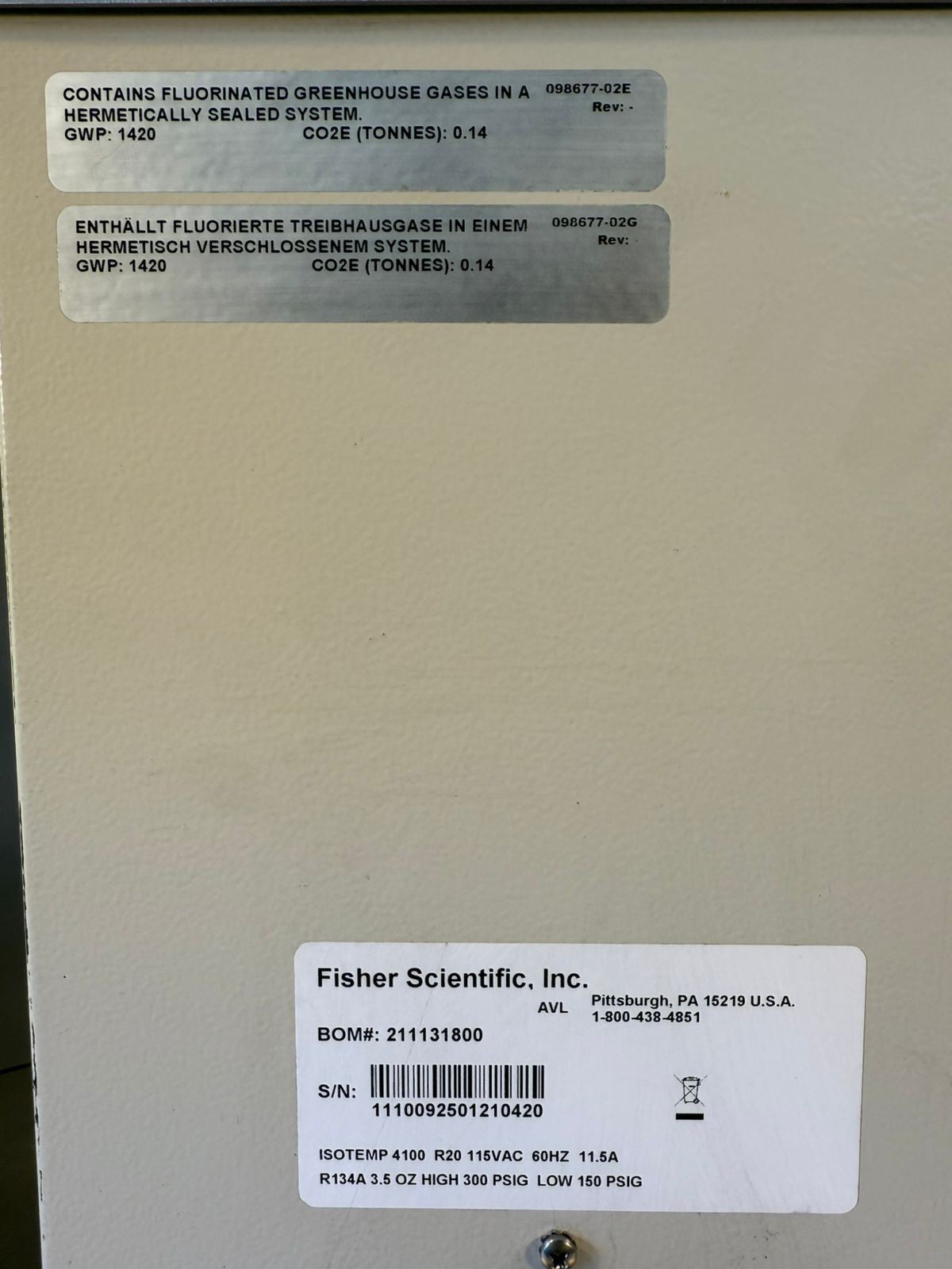 Fisher Scientific Isotemp 4100 R20 Refrigerated  /  211131800      (8.6.2)