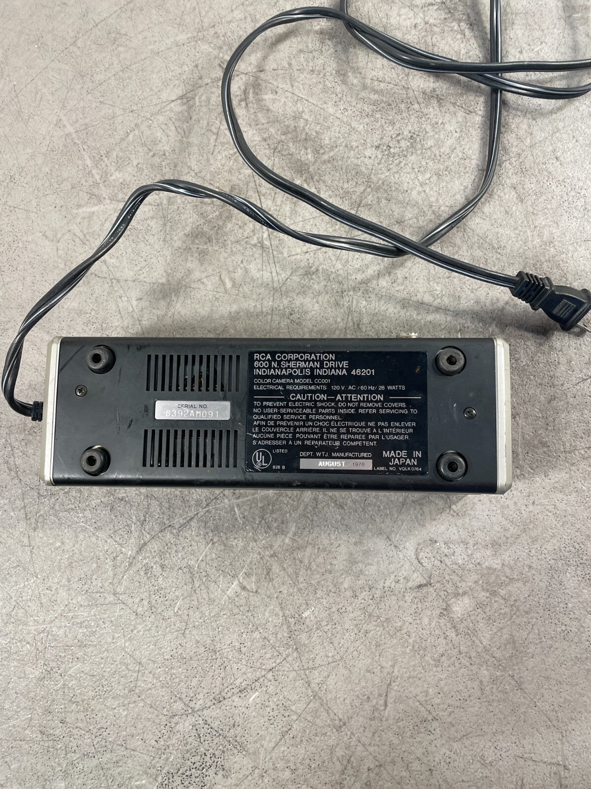 RCA CC-001 Black 90mm Single Vidicon Color Video Camera Power Supply