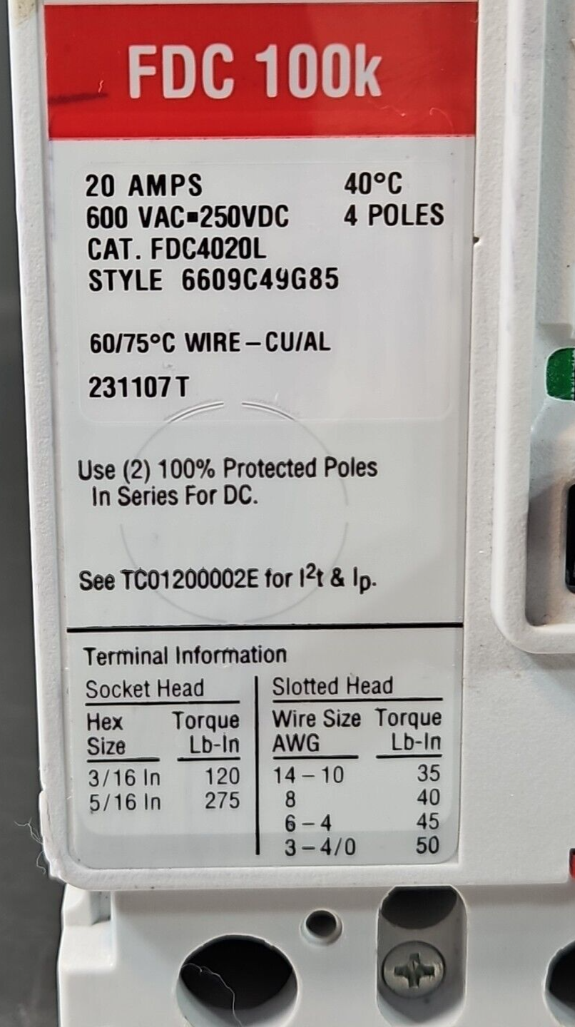 Eaton FDC 100K 20Amp 600VAC Current Limiting Circuit Breaker            (BIN443)