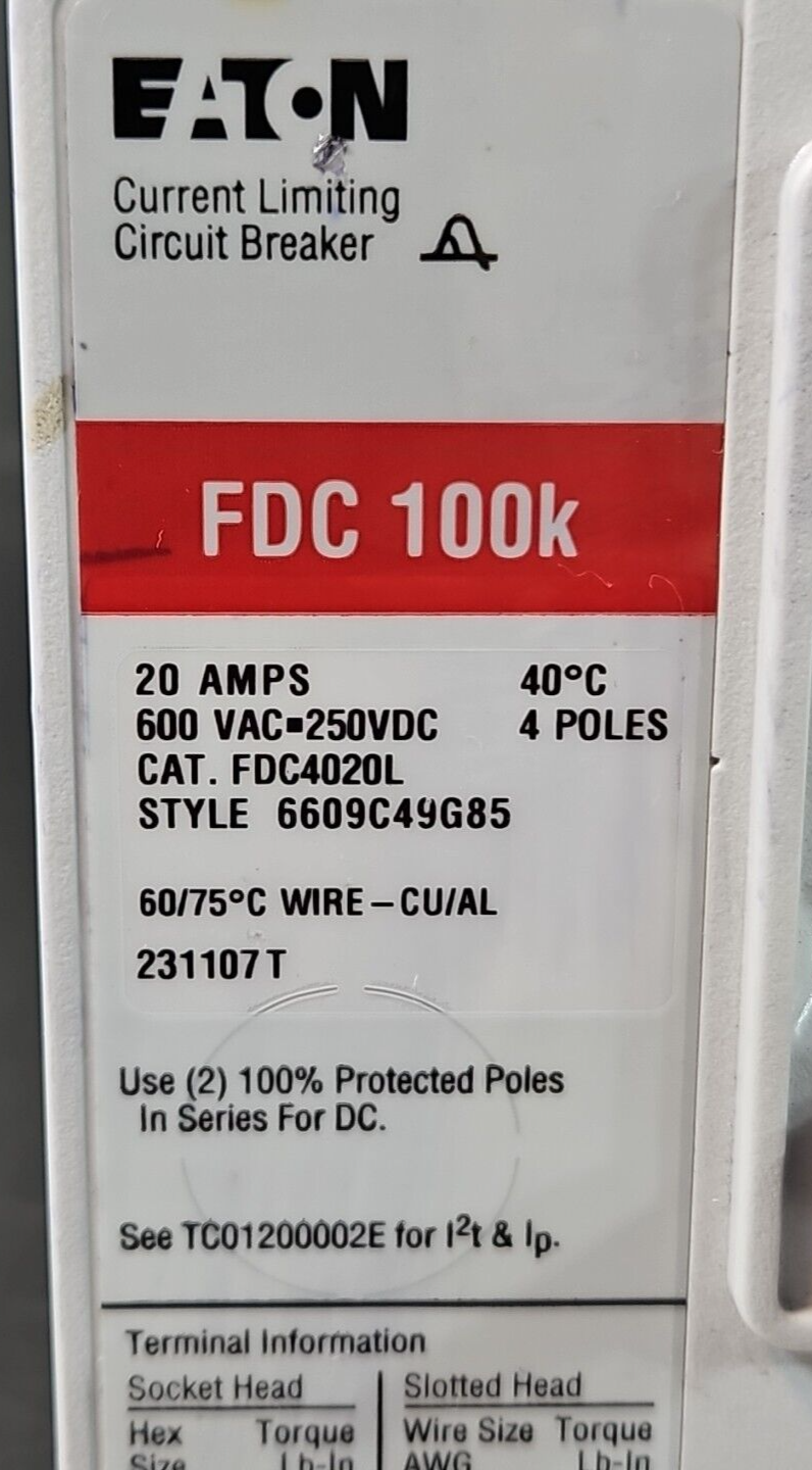 Eaton FDC 100K 20Amp 600VAC Current Limiting Circuit Breaker            (BIN443)