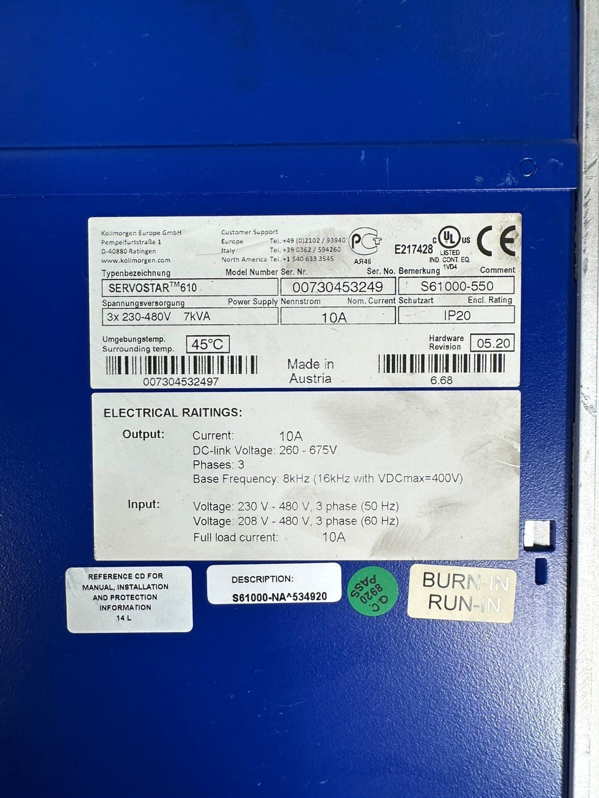 Kollmorgen SERVOSTAR610 S61000-550 SERVO DRIVE S61000550             (7.5.5)