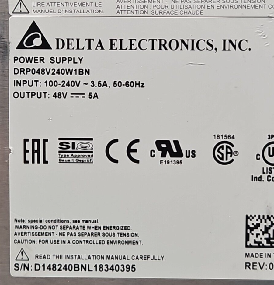 Delta Electronic DRP048V240W1BN DIN Rail Mount 48VDC 240W 5A P. Supp (BIN731)
