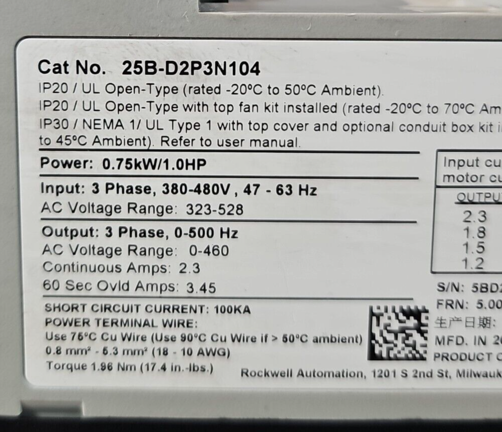 Allen Bradley 25B-D2P3N104  Ser A  Drive PowerFlex 525                  (BIN411)