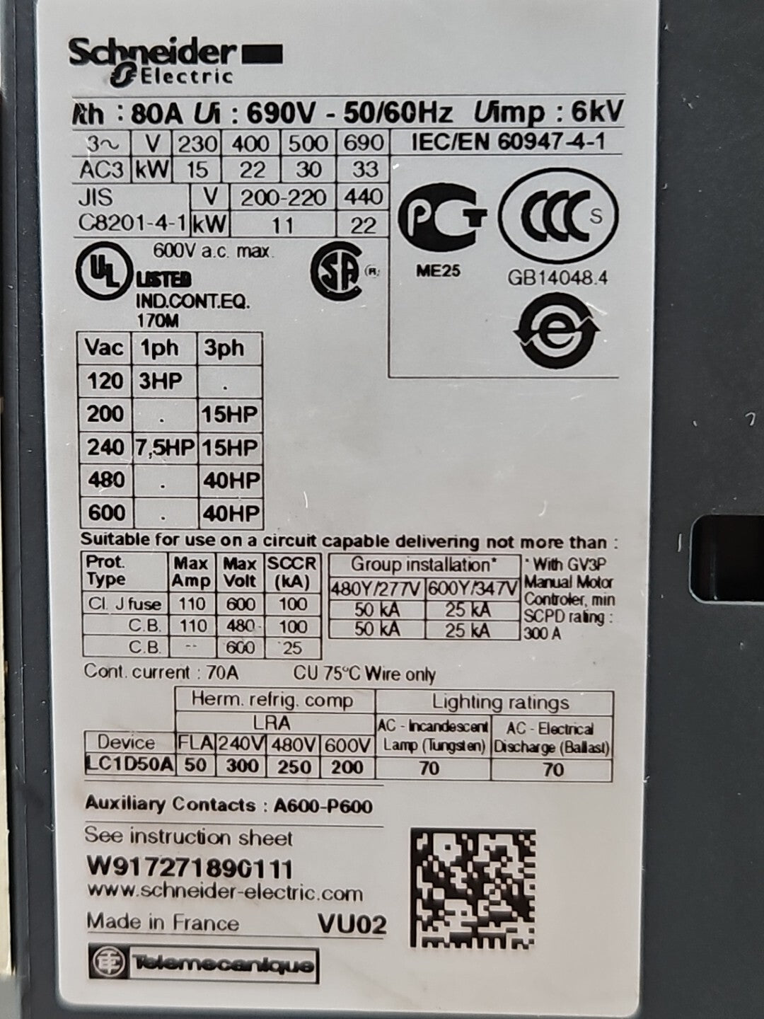 Schneider LC1D50A Coil Contactor 80A                                    (BIN333)