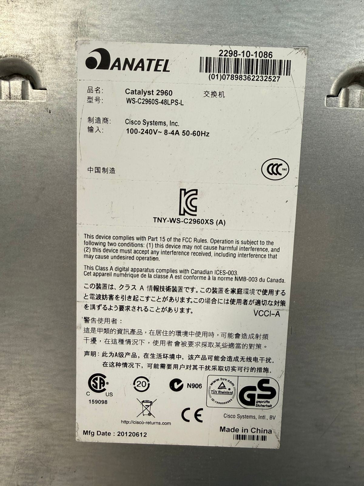Cisco WS-C2960S-48LPS-L 48 Ports PoE+ 100-240V~8-4A 50-60Hz   (11.5.4)