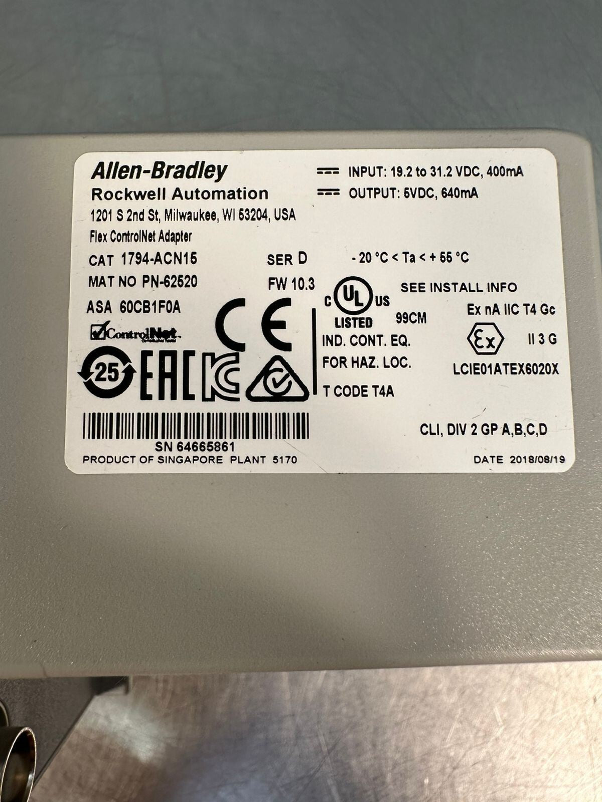 Allen Bradley 1794-ACN15 /D Control Net Adapter FW/10.3        (5.4.4)