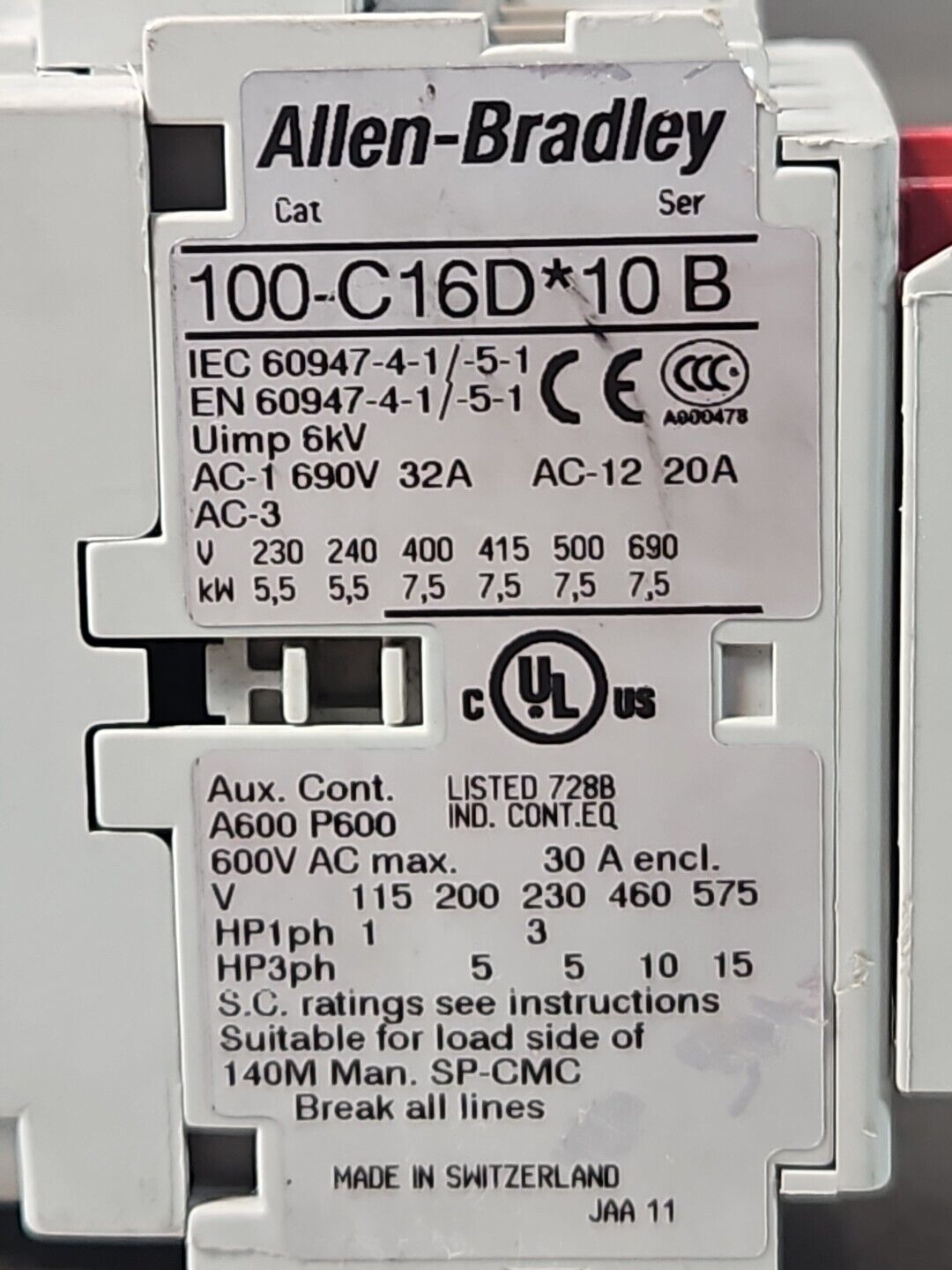 Allen Bradley 100S-C16DJ14C Series B Safety Contactor Assy                loc4C4