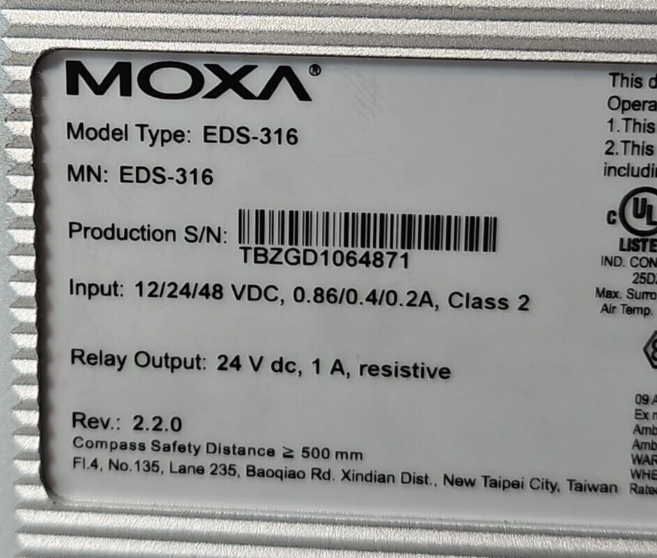 Moxa EDS-316  Unmanaged Industrial Ethernet Switch                      (BIN412)