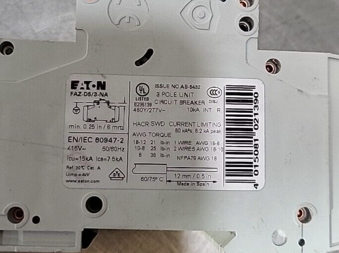 EATON FAZ-D5/3-NA 3 Pole Circuit Breaker  (BIN354)