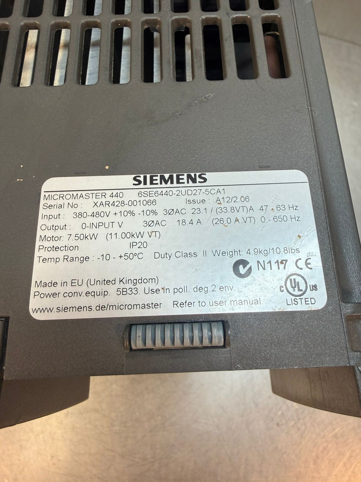 Siemens 6SE6440-2UD27-5CA1 7.50Kw   A12/2.06  Micromaster 440      (5.2.1)