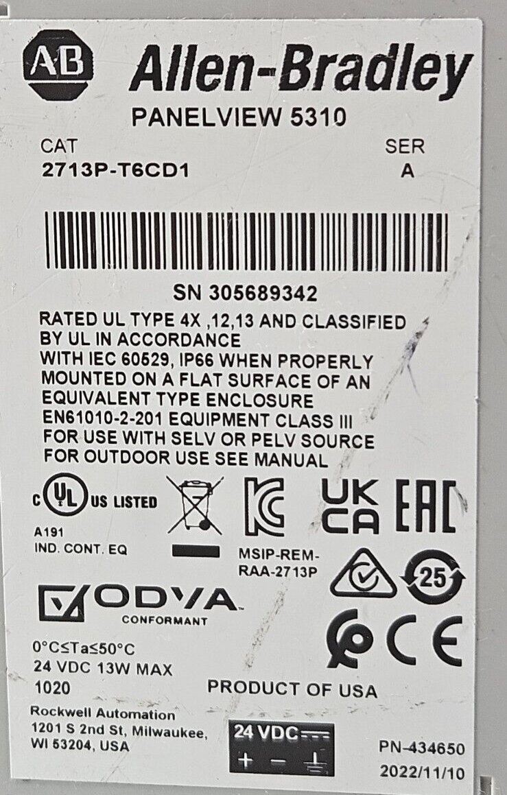 Allen Bradley 2713P-T6CD1 Ser A Panel View 5310 Operator Interface      (BIN741)