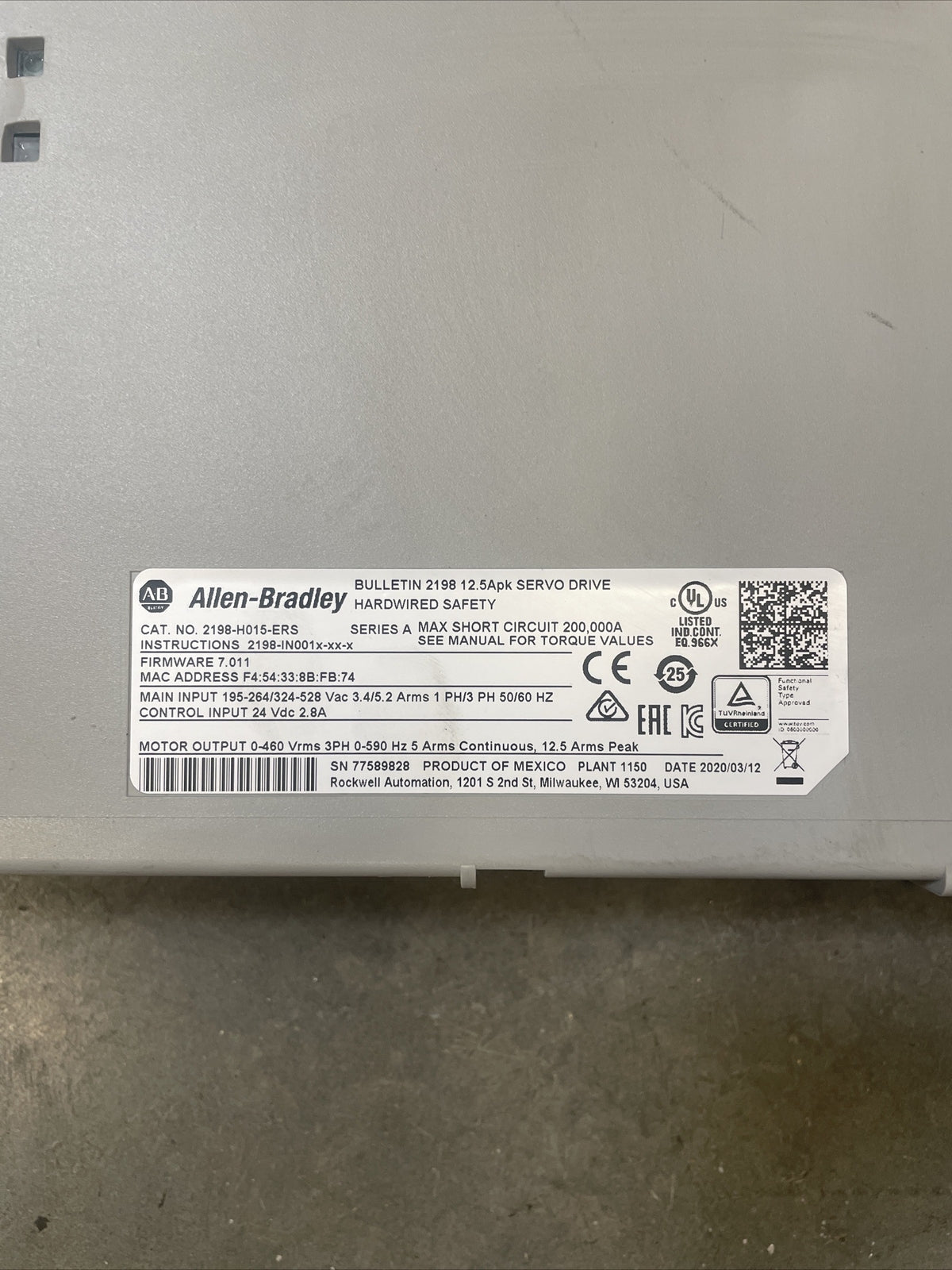 Allen Bradley 2198-H015-ERS Kinetix 5500  (12.5APK Servo Drive)          @1D