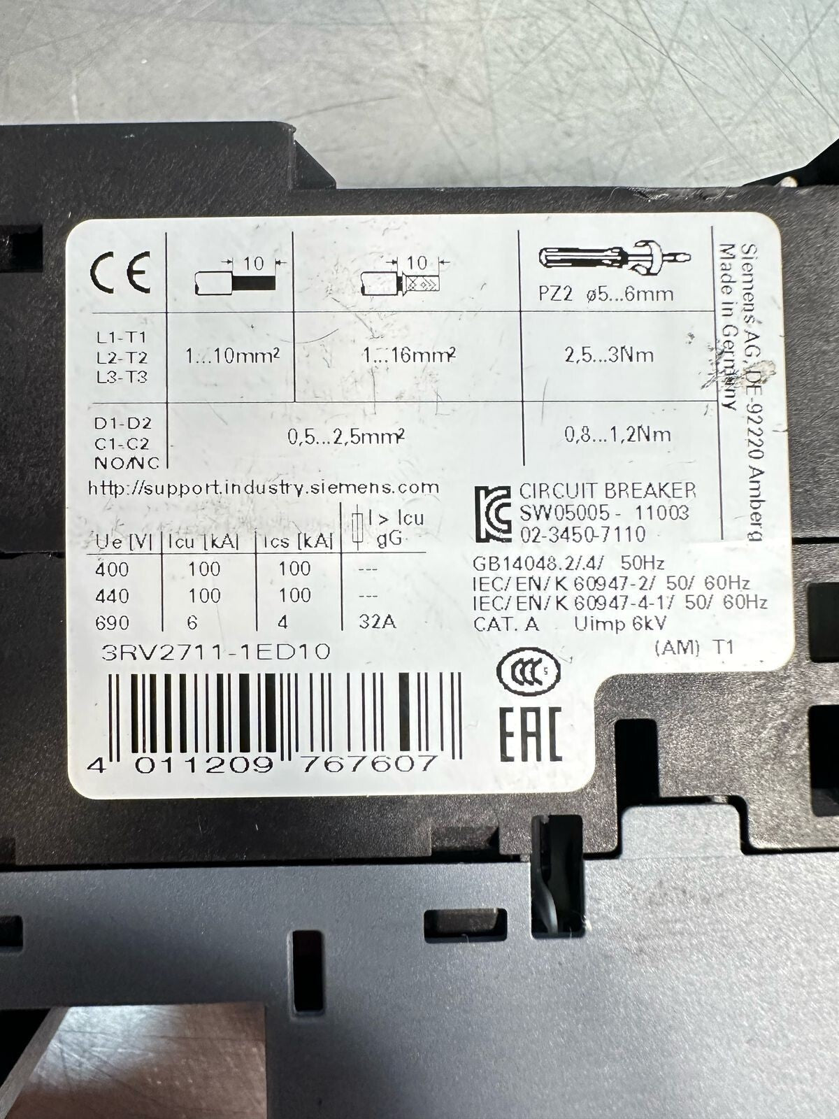 Siemens SIRIUS  CIRCUIT BREAKER 3RV2711-1ED10 (7.4.2)