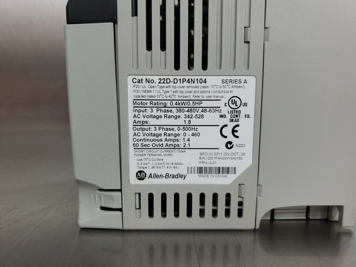 Allen Bradley 22D-D1P4N104/A PowerFlex 40P AC Drive, .04kW/0.5HP (REFURB)  1A-06