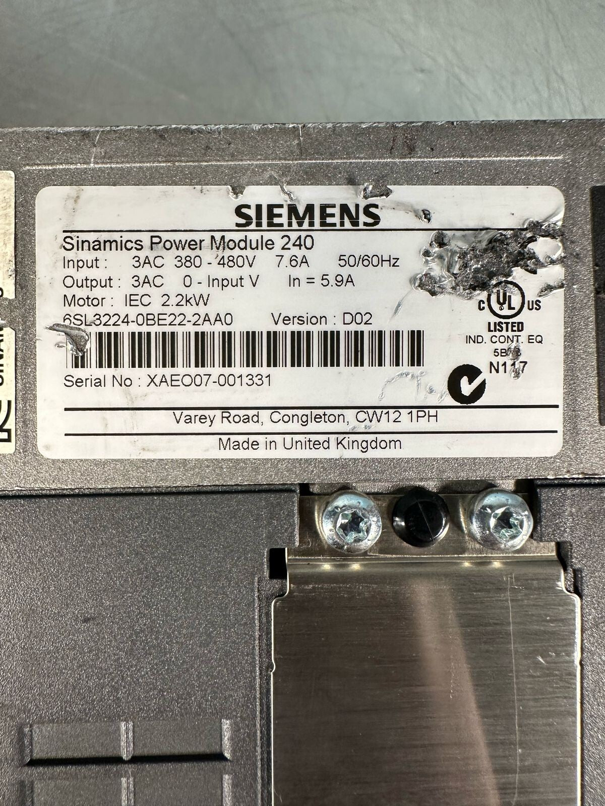 Siemens 6SL3224-0BE22-2AA0 Ver. D02 Sinamics PM240                  (8.3.1)
