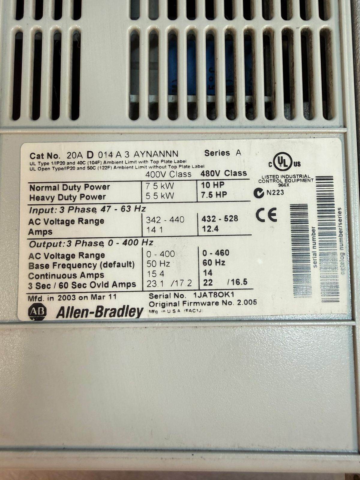 Allen-Bradley 20A-D-014-A-3-AYNANNN /A Power Flex 70               (7.3.1)