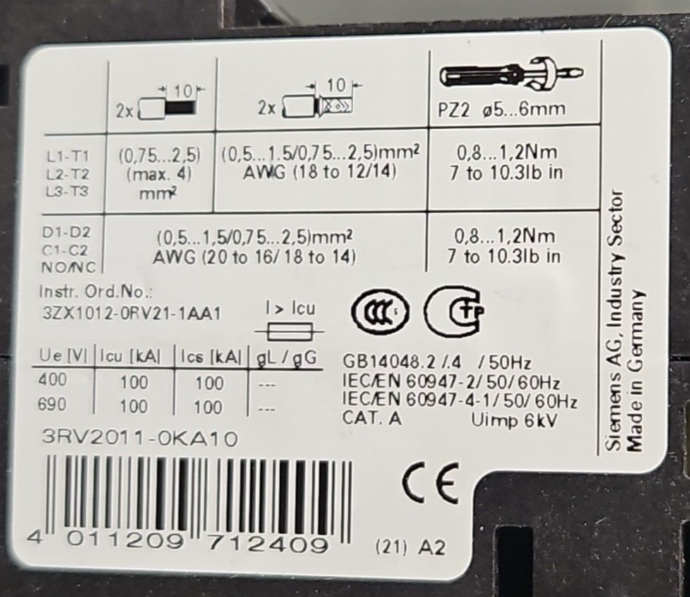 Siemens Sirius 3RV2011-0KA10 Motor Controller 3pole                      loc4A11