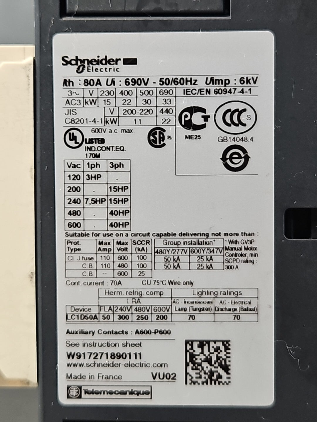 Schneider LC1D50A Coil Contactor 80A                                    (BIN243)