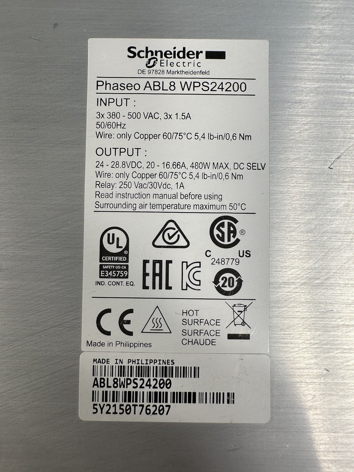 Schneider ABL8 WPS24200 Power Supply In 3x380VAC Out 24V/20A            (BIN445)
