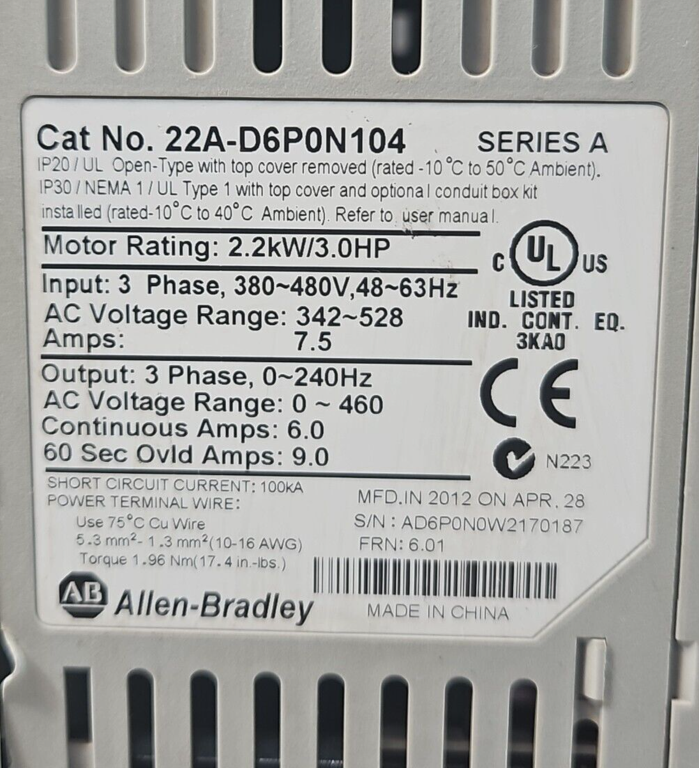 Allen Bradley 22A-D6P0N104 SerA PowerFlex 4 2.2 kW 3 Hp AC Drive.       (BIN741)