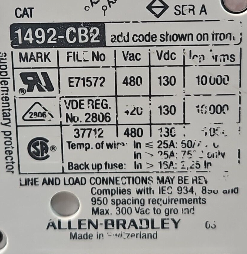 Allen-Bradley 1492-CB2 G100 H1 Series A Circuit Breaker 10A              loc4E21