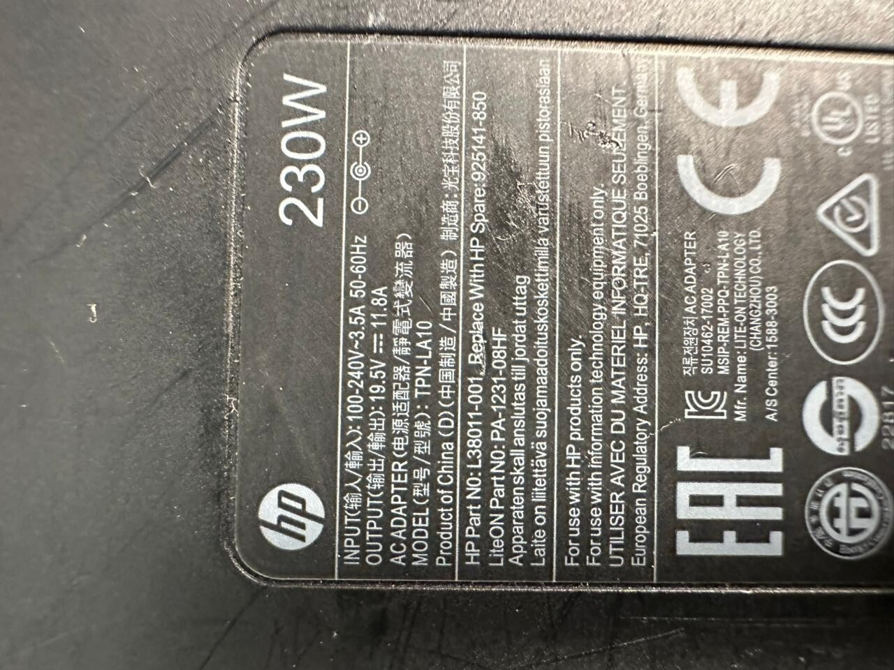TEN-LA10 Genuine HP 230W AC Adapter 19.5V 11.8A                (2.3.1)