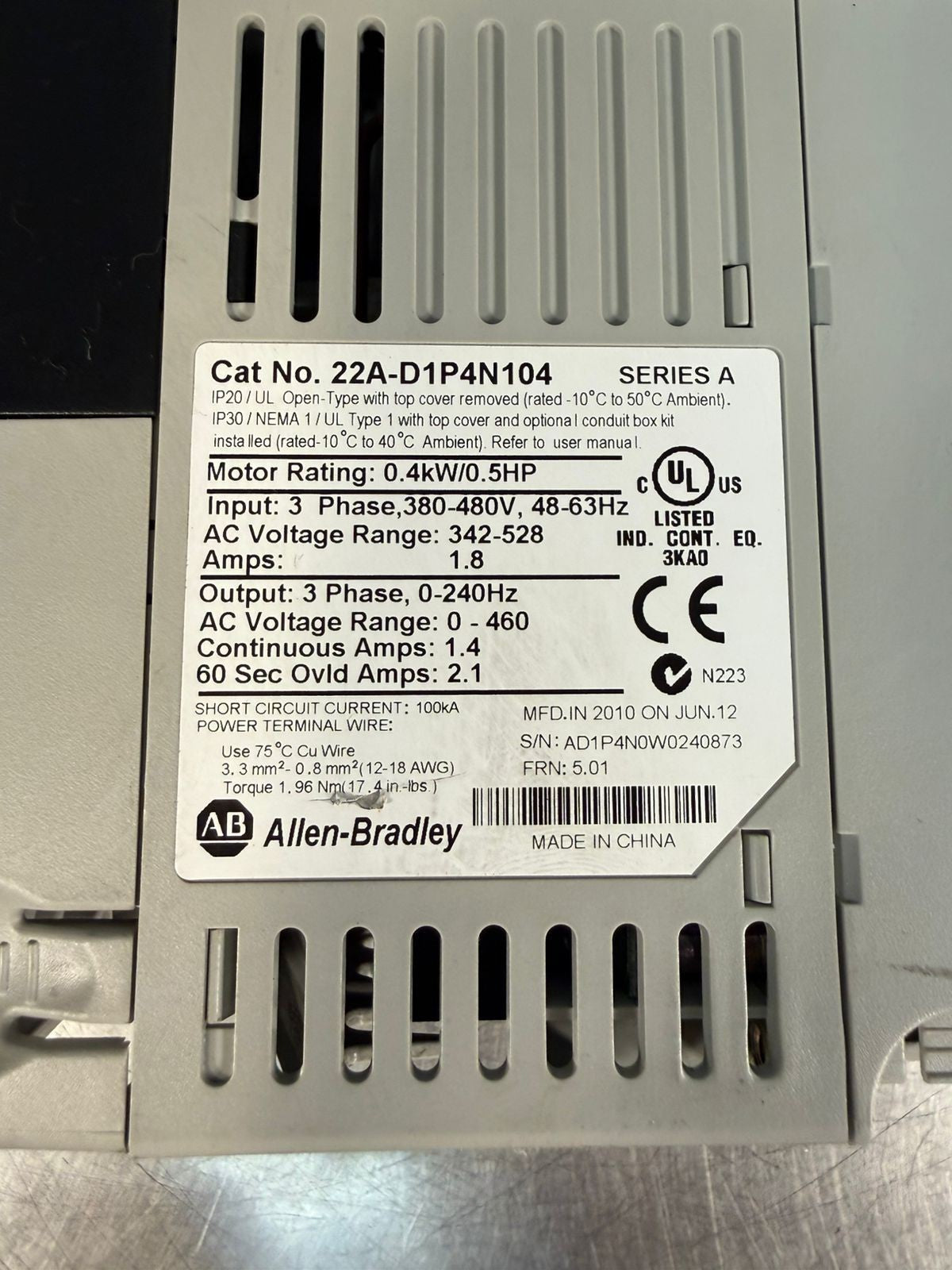 Allen Bradley 22A-D1P4N104 /A PowerFlex4 0.4Kw/0.5Hp (REFURB) (2.4.5)