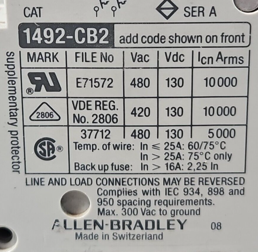 Allen-Bradley 1492-CB2 G 060 Series A H1 Circuit Breaker 6A              loc4B10