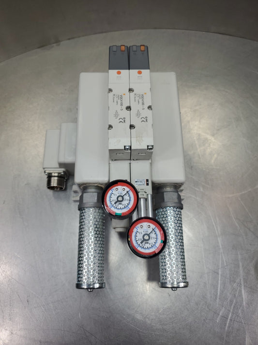 SMC HHB-113629 Manifold w/(2) VQC4100-5 Solenoid Valves &amp; US21928 Modules. 6E-10