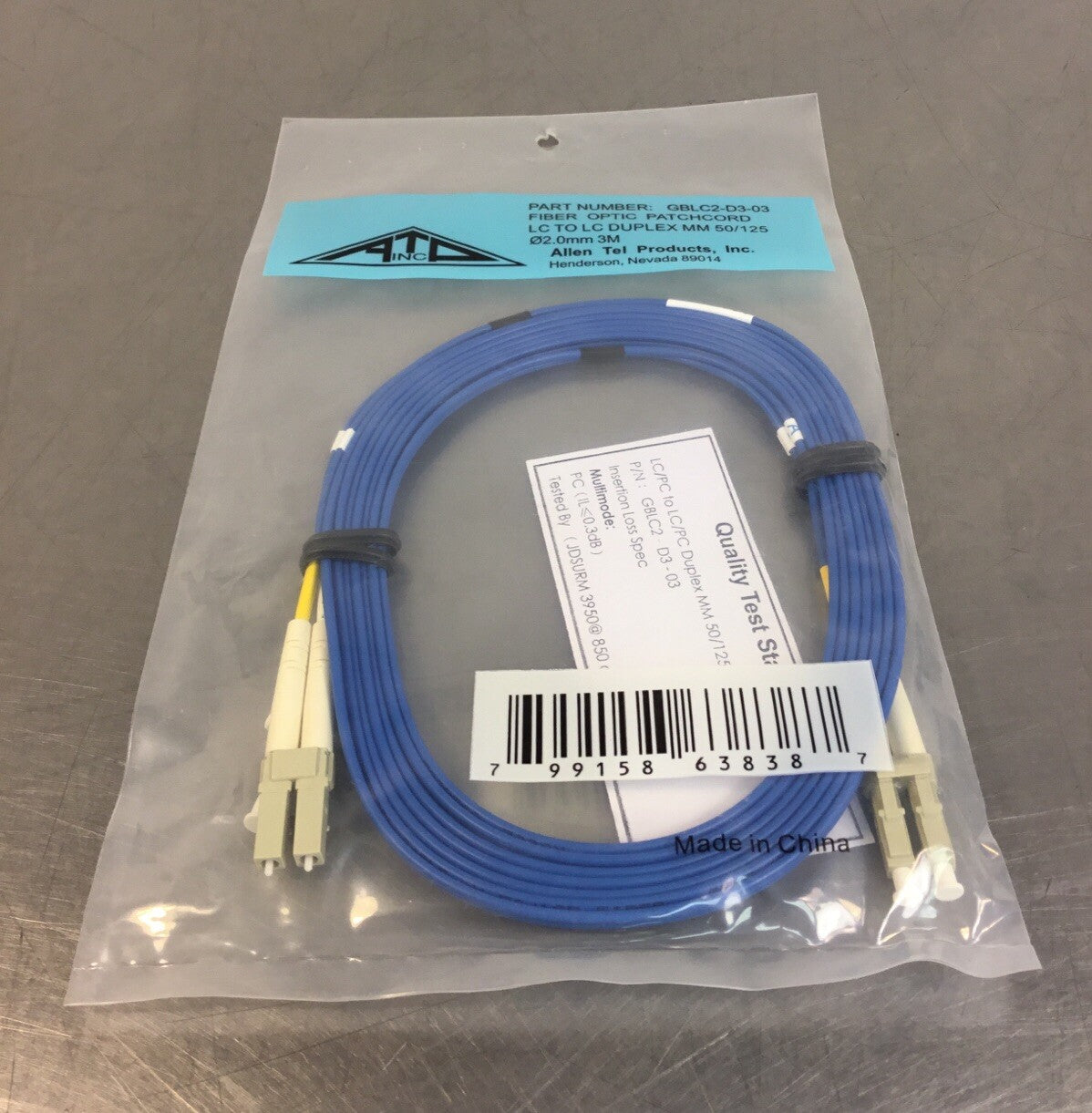 Allen Tel LC-LC Duplex MM 3meter patchcord GBLC2-D3-03 Blue Fiber Optic.    5A-5