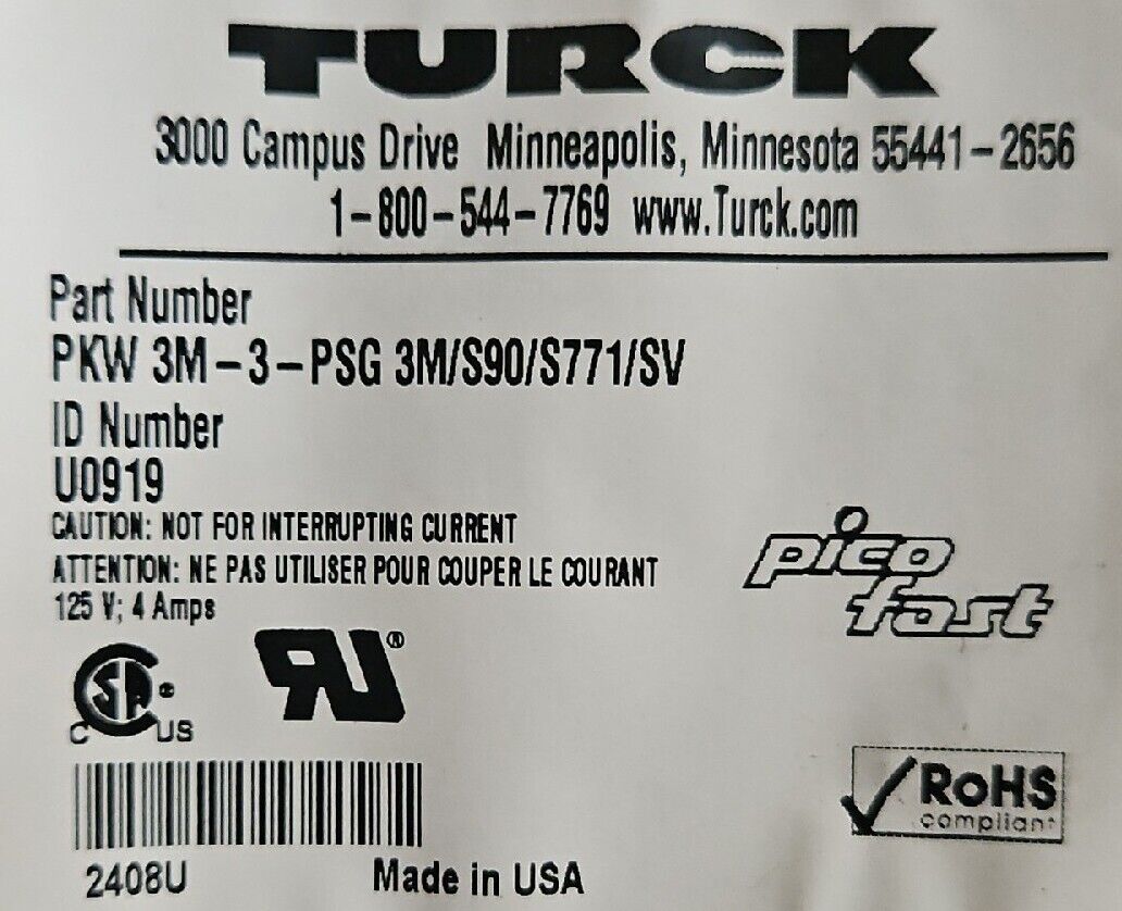 TURCK PKW 3M-3-PSG 3M/S90/S771/SV PLC Cable                             Loc 5D-8