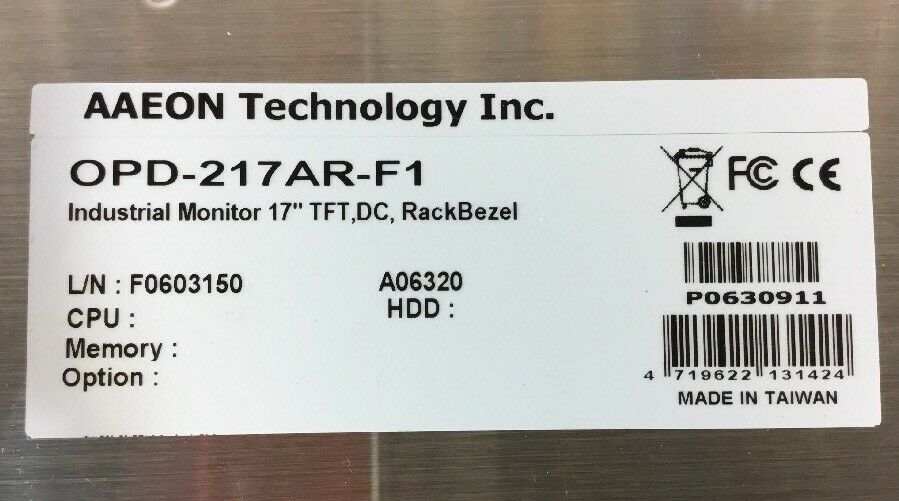 AAEON TECHNOLOGY OPD-217AR-F1 17" INDUSTRIAL MONITOR TFT DC RACK BEZEL   2D