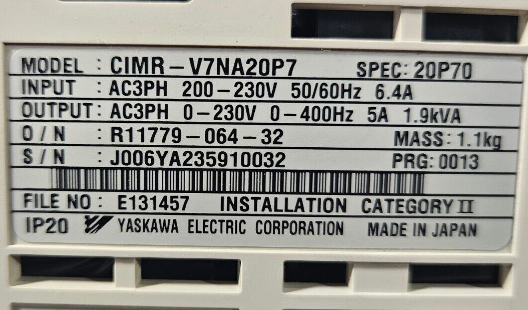 YASKAWA CIMR-V7NA20P7. Variable Frequency Drive. PRG 0013. Loc 1B-3