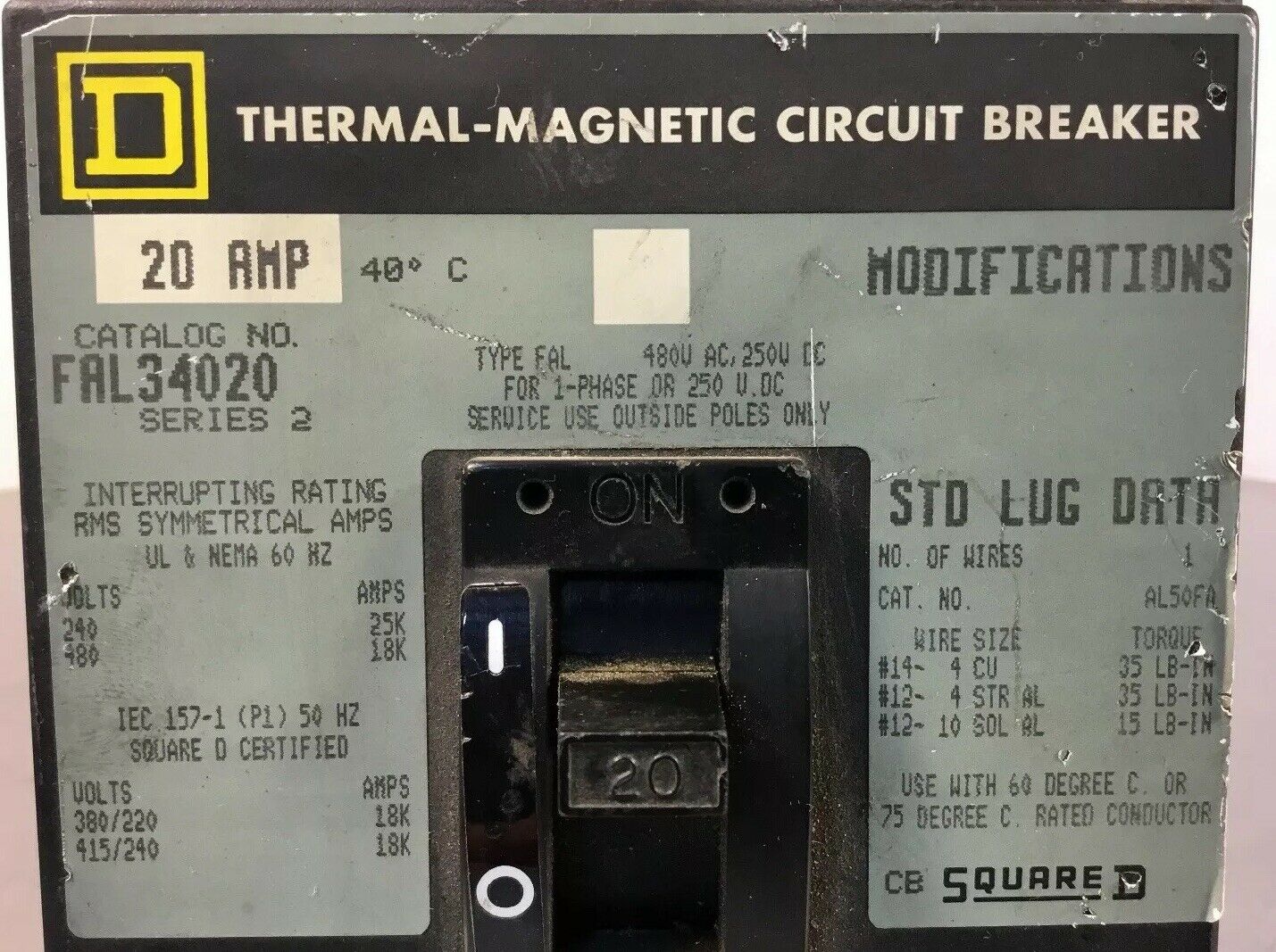 SQUARE D FAL34020 THERMAL MAGNETIC CIRCUIT BREAKER, 20 AMP Ser. 2           4E-1