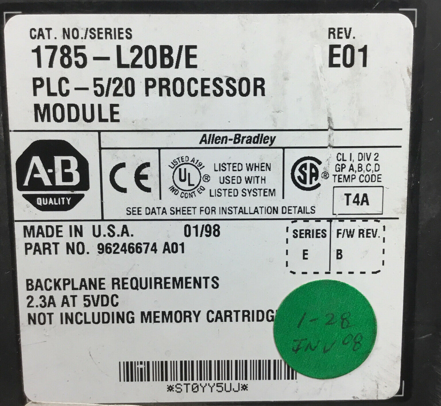 Allen Bradley 1785-L20B /E PLC-5/20 Processor Module Ser.E F/W Rev.B  3D-14