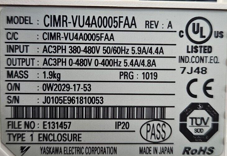 Yaskawa CIMR-VU4A0005FAA with SI-N3/V PRG:1019. V1000 AC Drive.            1B-16